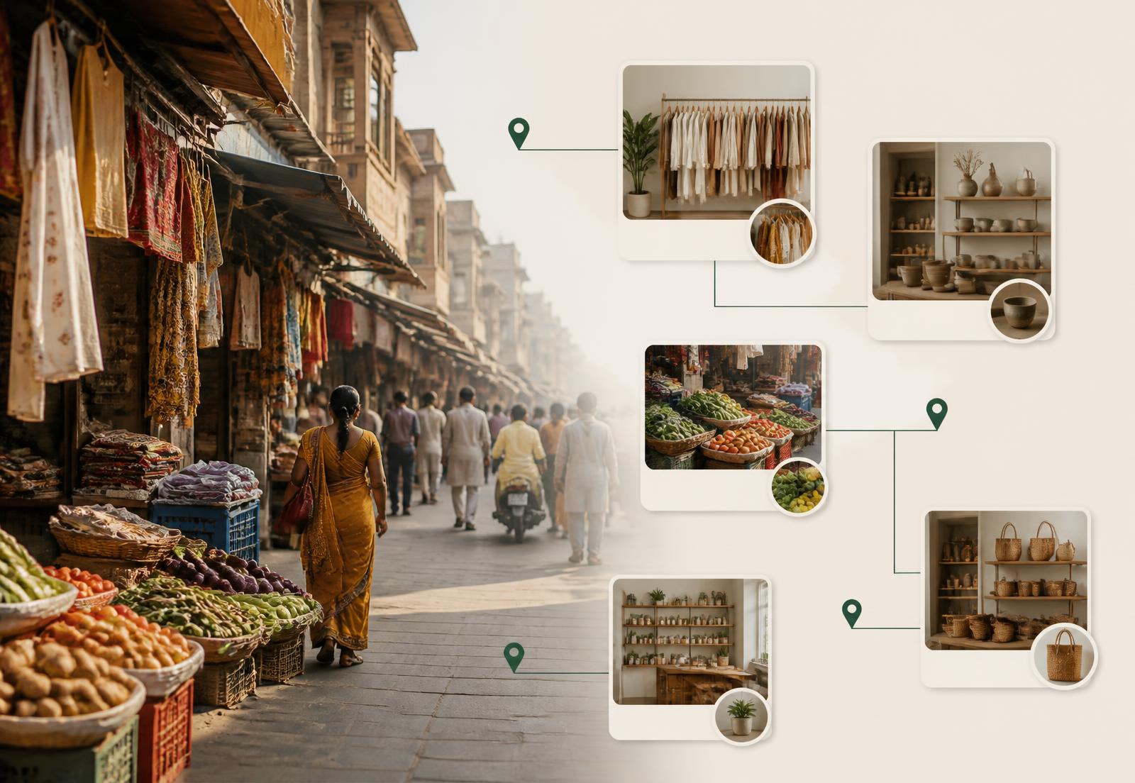 A traditional Indian market street connecting through green lines into digital shop profiles