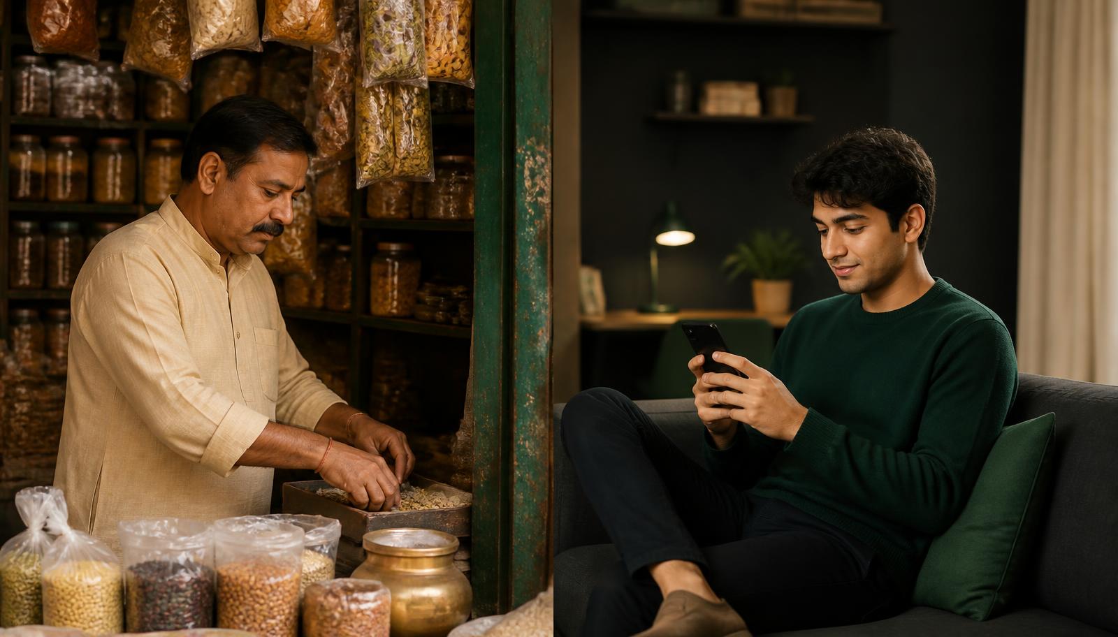 Left: a local shopkeeper arranging goods. Right: a customer browsing on a phone at home.